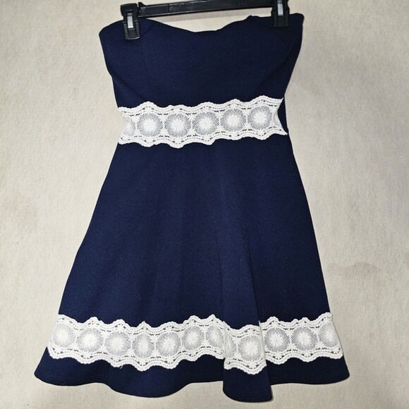Babydoll Mini Halter Dress Navy Blue With White Lace Sexy Vintage Style Short - Picture 8 of 9